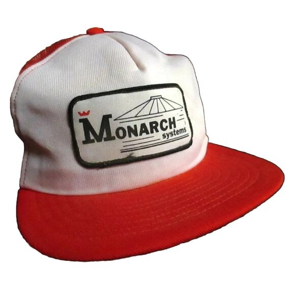 Mesh trucker Skater Cap NEW True Vtg 80s MONARCH SYSTEMS PATCH ORANGE/WHITE - Picture 1 of 5
